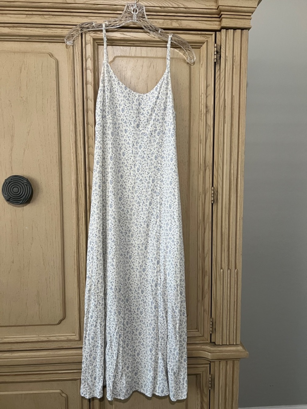 Brandy Melville White Maxi Slip Dress with Light Blue Floral Print